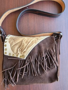 HandMade Suede FringeCrossbody Bag Made From Cowboy Shoe &belt in Brown& Cream